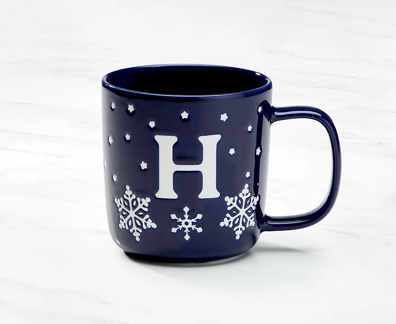 Tasse monogramme avec motif flocon de neige et lettre H, bleu marine et blanc, 370 ml