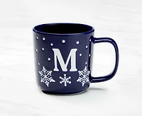Tasse monogramme avec motif flocon de neige et lettre M, bleu marine et blanc, 370 ml