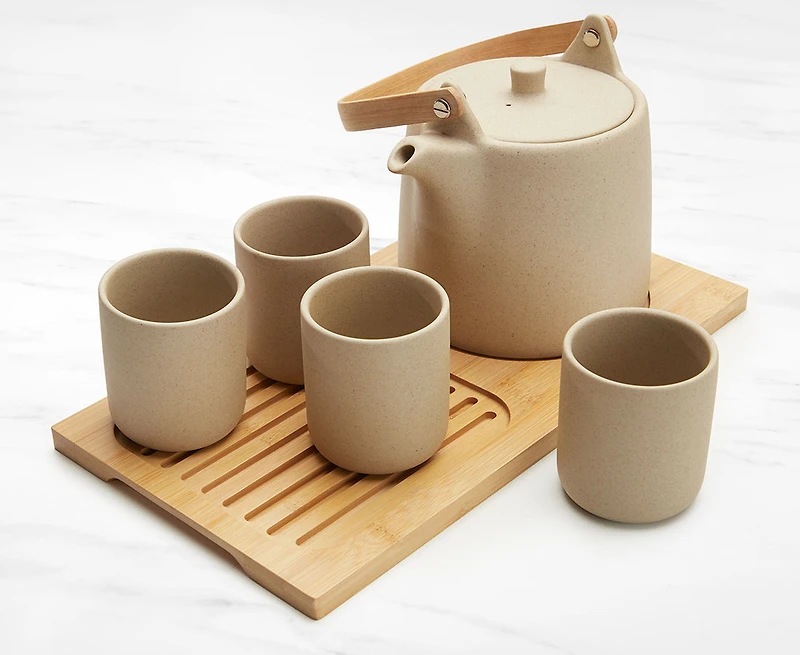 Service à thé Bnb avec théière 34 oz et 4 tasses + plateau en bois