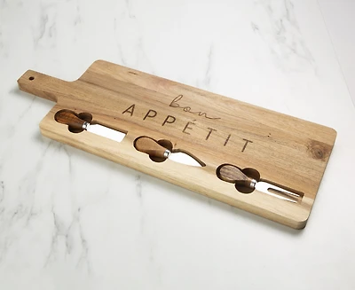 Planche en bois d'acacia gravée avec outils à fromage par JS Gourmet