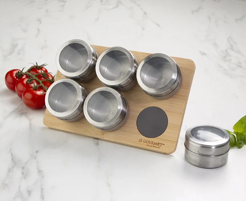 Support à épices magnétique JS Gourmet sur support en bambou, 7 pcs
