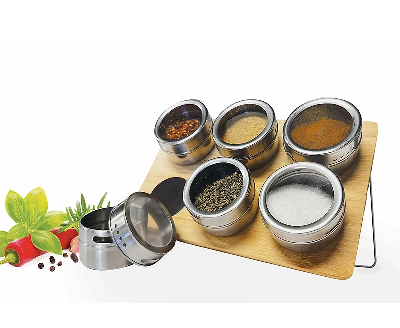 Support à épices magnétique JS Gourmet sur support en bambou, 7 pcs