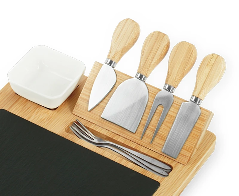Normandy Bamboo Slate Cheese Board with Bowls and Knives