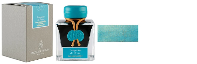 Bouteille d'encre Jacques Herbin, série Encres 1670 Turquoise de Perse (paillettes dorées)
