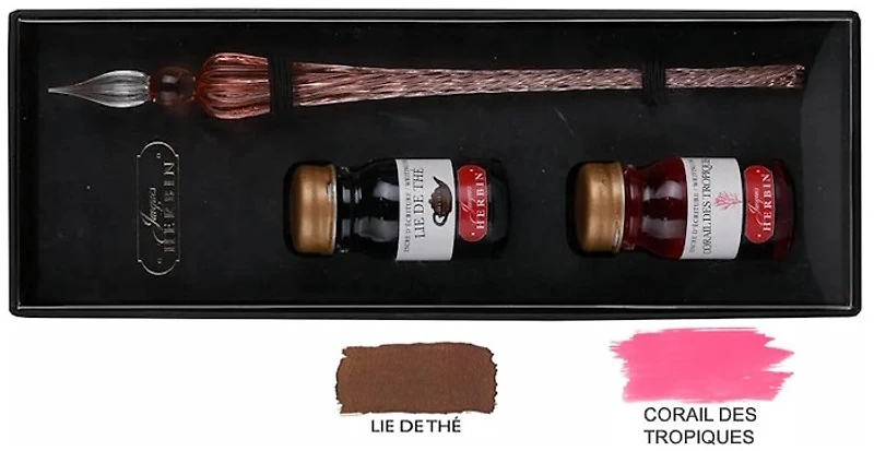 Ensemble stylo plume de verre & bouteilles d'encre Jacques Herbin Corail