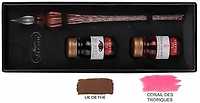 Ensemble stylo plume de verre & bouteilles d'encre Jacques Herbin Corail