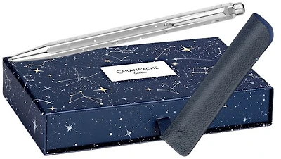 Ensemble stylo bille & étui Caran d'Ache, série Édition Spéciale Ecridor Cosmic Blue - Platine