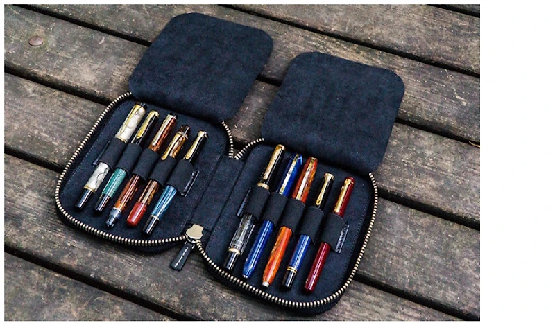Galen Leather Co. Pen pouch, Leather Zippered 10 Slots series Black