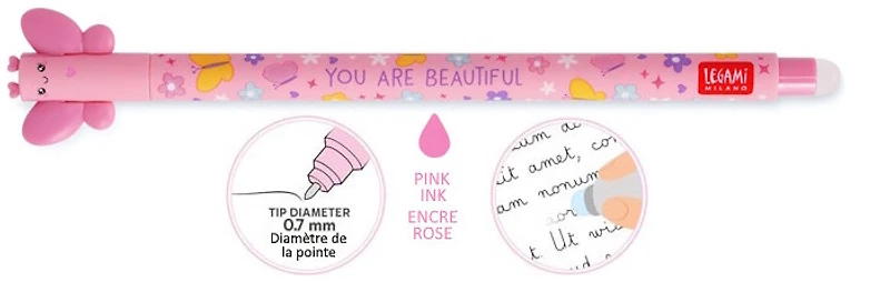 Stylo encre gel Legami, série Erasable Gel Pen Encre rose (Papillon)