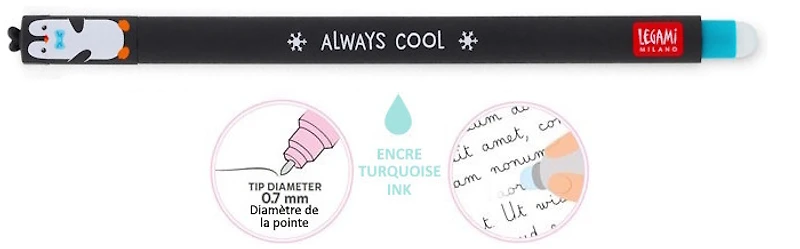 Stylo encre gel Legami, série Erasable Gel Pen Encre turquoise (Pingouin)