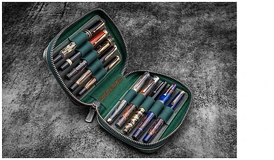 Étui pour stylo Galen Leather Co., série Expansi-Pouch Leather Wide 10 Slots - A6 Zip Folio Vert Forêt Crazy Horse 