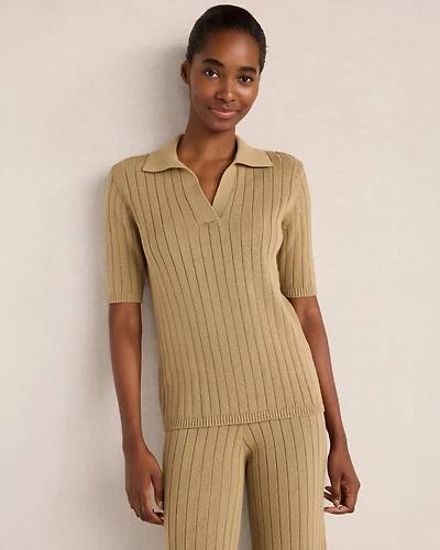 Organic Cotton Ribbed Short Sleeve Polo Sweater