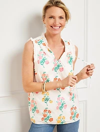 Stamped Ditsy Ruffle Trim Shell