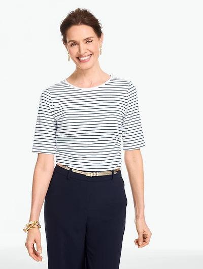 Platinum Jersey Elbow Sleeve Top - Kelly Stripe