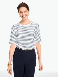 Platinum Jersey Elbow Sleeve Top - Kelly Stripe