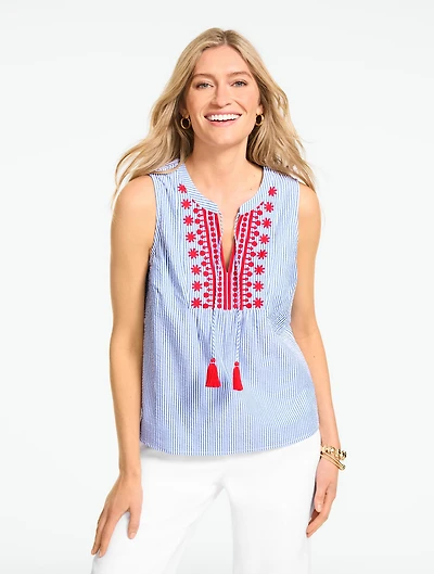 Breezy Stripe Seersucker Embroidered Shell