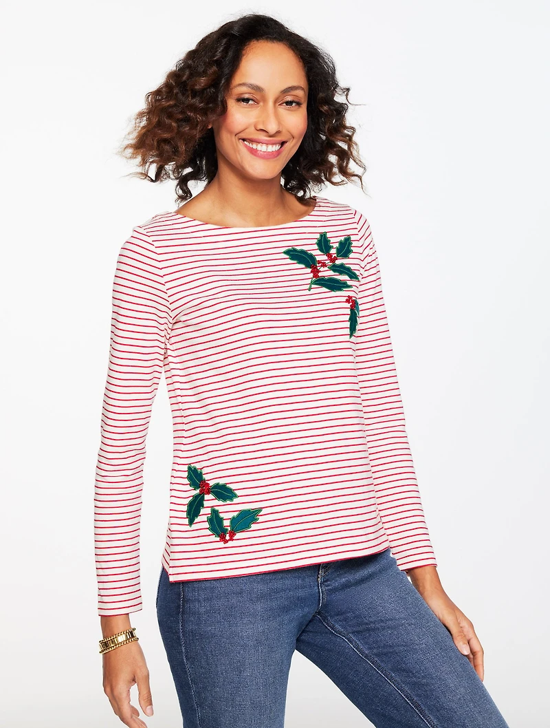 Embroidered Bateau Neck Tee - Harmony Stripe