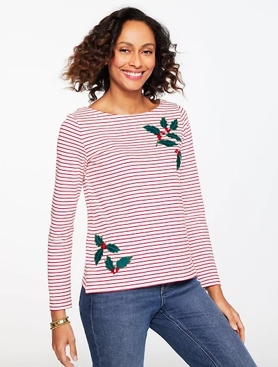 Embroidered Bateau Neck Tee - Harmony Stripe