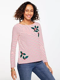 Embroidered Bateau Neck Tee - Harmony Stripe
