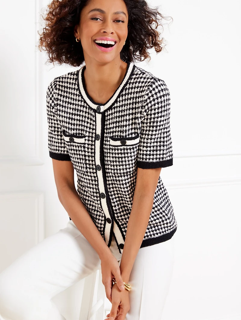 Short Sleeve Cardigan - Check Jacquard