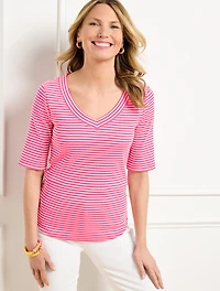 Ribbed V-Neck Tee - Alice Stripe