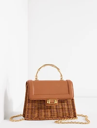 Leather Trim Wicker Crossbody Bag