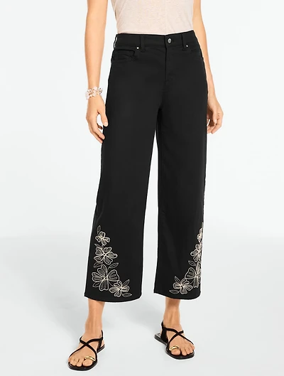 Wide Crop High Waist Embroidered Jeans