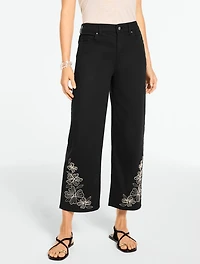 Wide Crop High Waist Embroidered Jeans