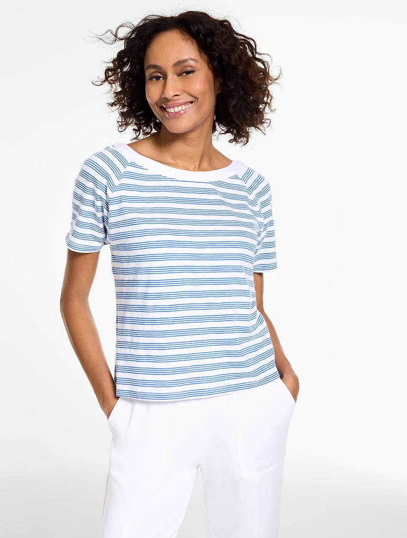Button Back Crewneck Slub Tee - Harbor Stripe