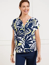 Band Collar Gauze Top - Expressive Palms