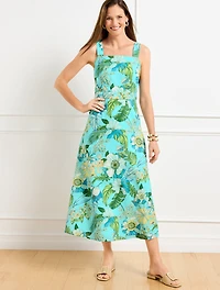 Linen Midi Dress - Tropical Botanical