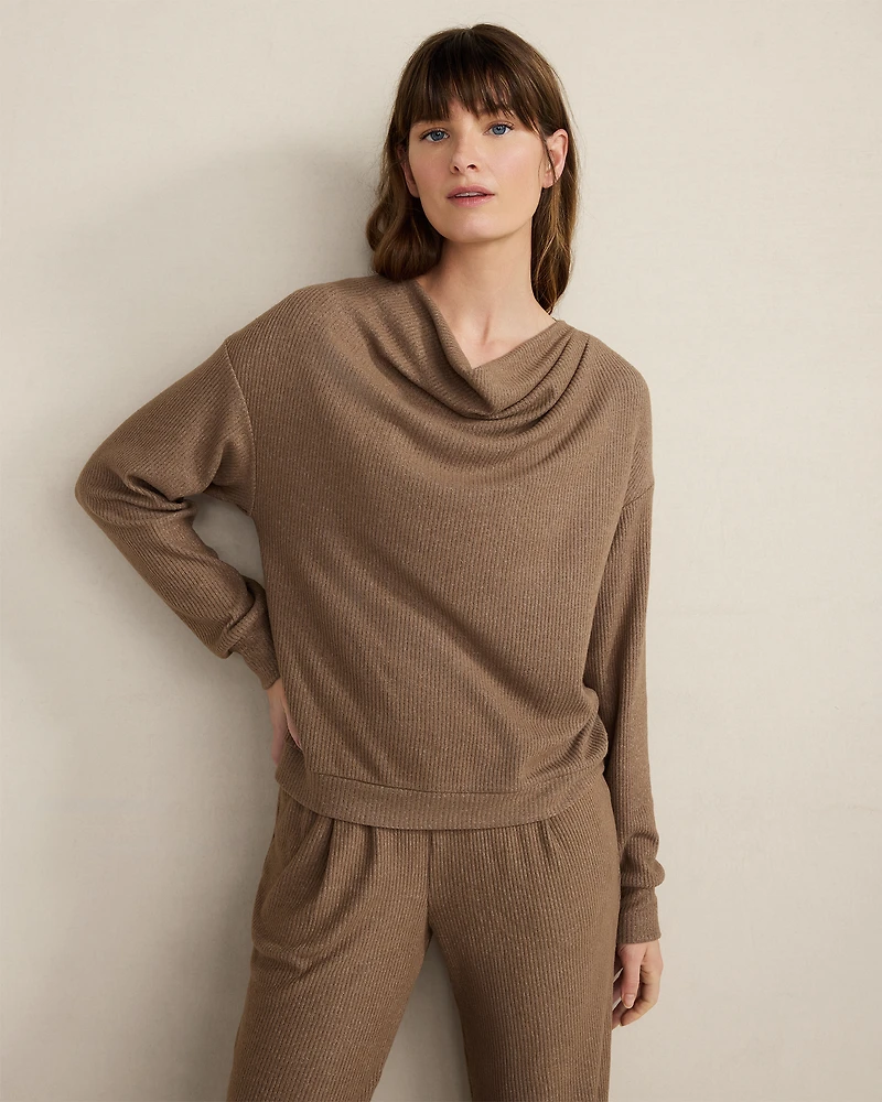 Brushed Rib Knit Drape Neck Top