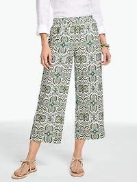 Washed Linen Wide Crop Pull-On Pants - Royal Medallion