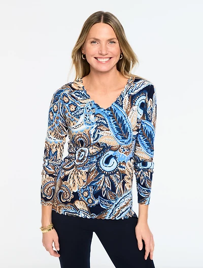 Scallop Trim V-Neck Sweater - Paisley Bouquet