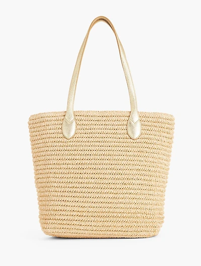 Metallic Leather Trim Straw Tote