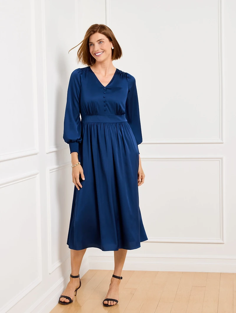 Soft Satin Charmeuse Smocked Midi Dress