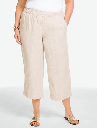 Washed Linen Wide Crop Pull-On Pants - Cross Dye