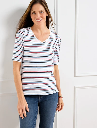 Elbow Sleeve V-Neck Tee - Margot Stripe