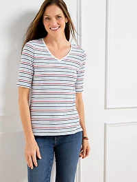 Elbow Sleeve V-Neck Tee - Margot Stripe