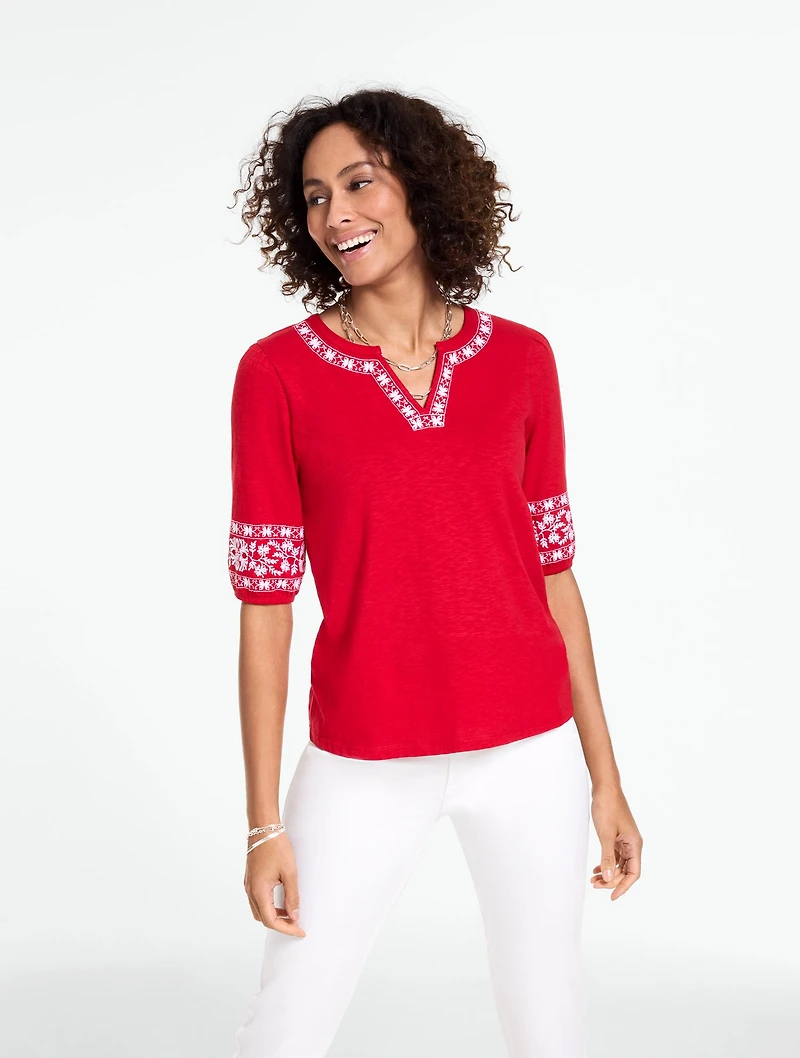 Embroidered Split Neck Top