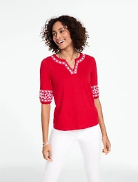 Embroidered Split Neck Top