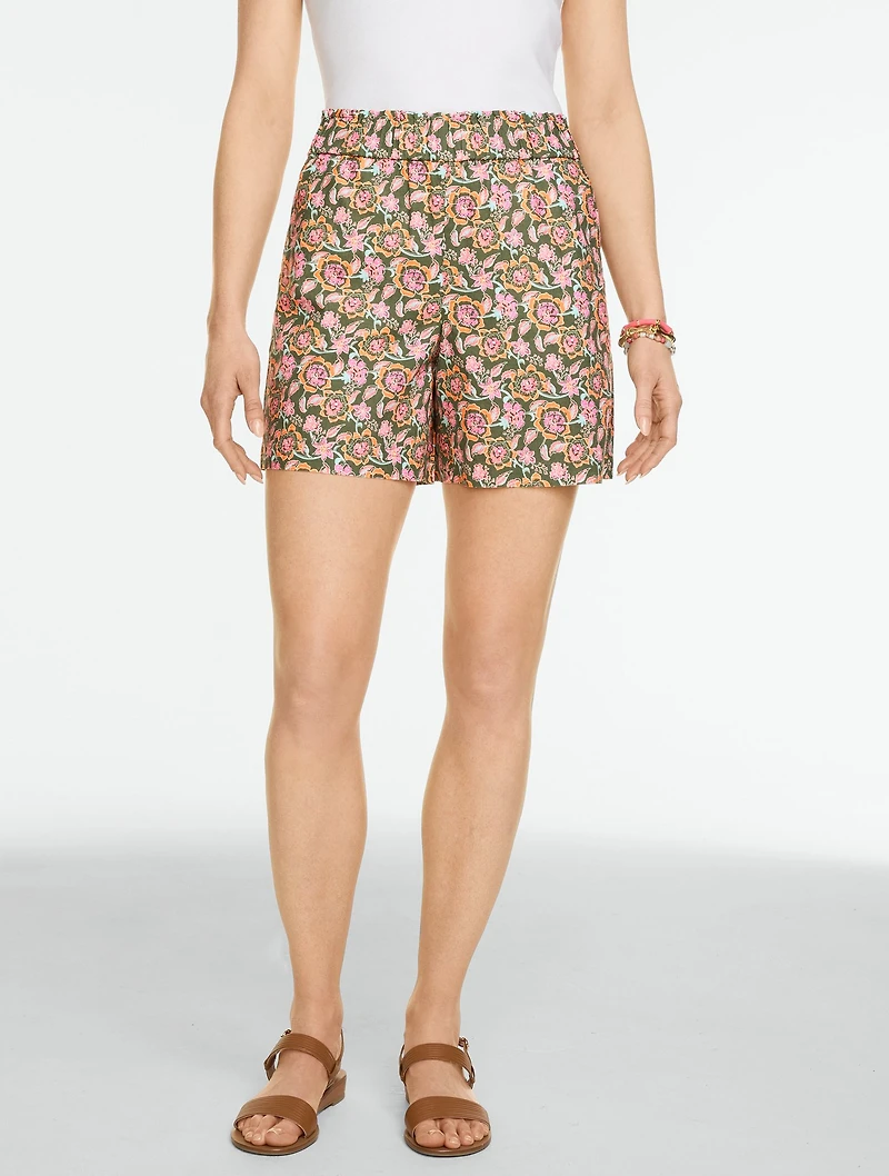Washed Linen Pull-On Shorts - Strappy Floral