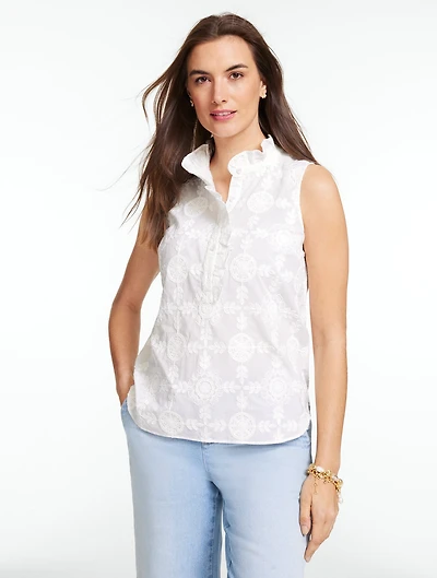 Embroidered Ruffle Neck Top - Seabloom