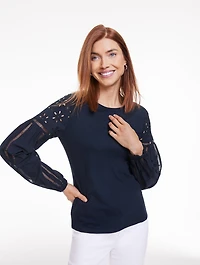 Eyelet Sleeve Mixed Media Top