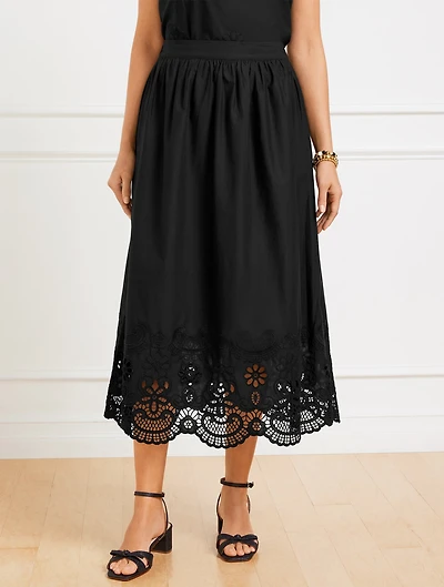 Embroidered Poplin Fit & Flare Midi Skirt