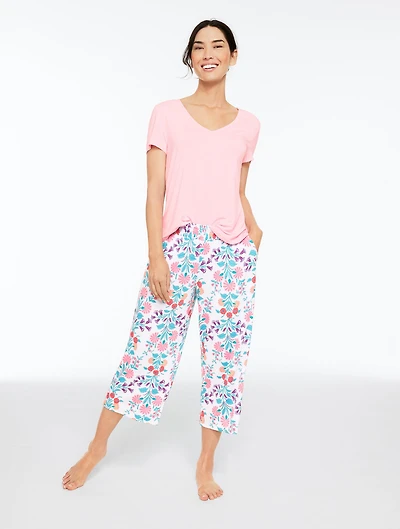 Talbots x Soma Cool Nights Short Sleeve & Crop Pant Pajama Set - Ditsy Vines