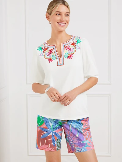 Embroidered Split Neck Top