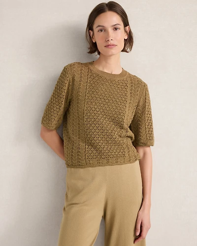 Organic Cotton Linen Pointelle Short Sleeve Sweater
