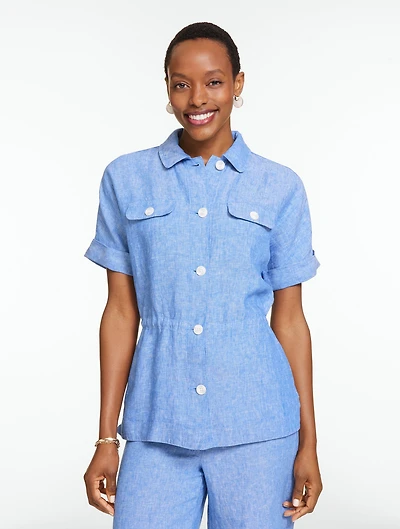 Washed Linen Cinched Shirt Jacket