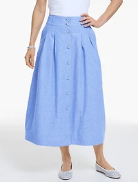 Linen Blend Button Midi Skirt